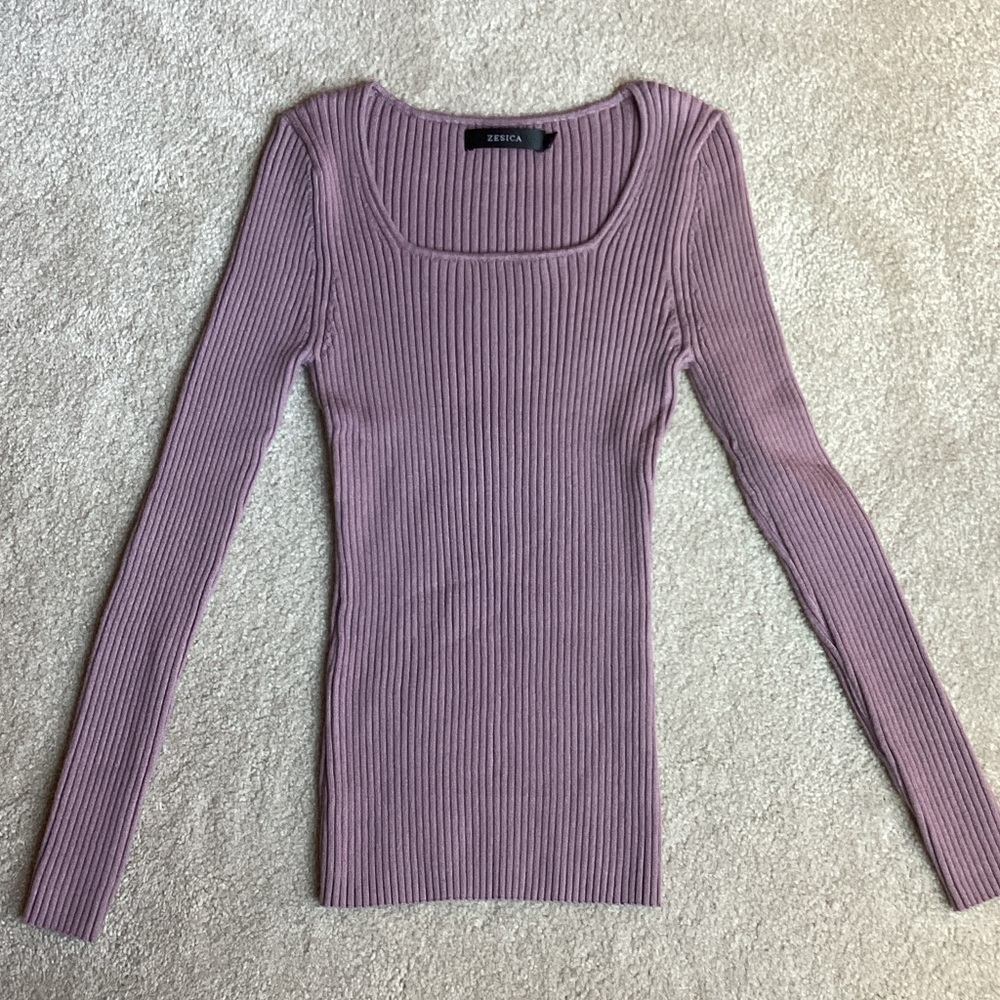Purple Ribbed Fitted Sweater with Long Sleeves